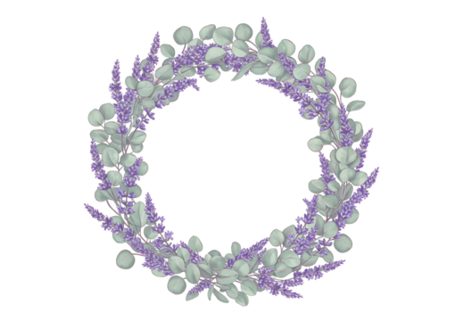 Delicate eucalyptus and lavender botanical wreath with copy space for text and design transparent background