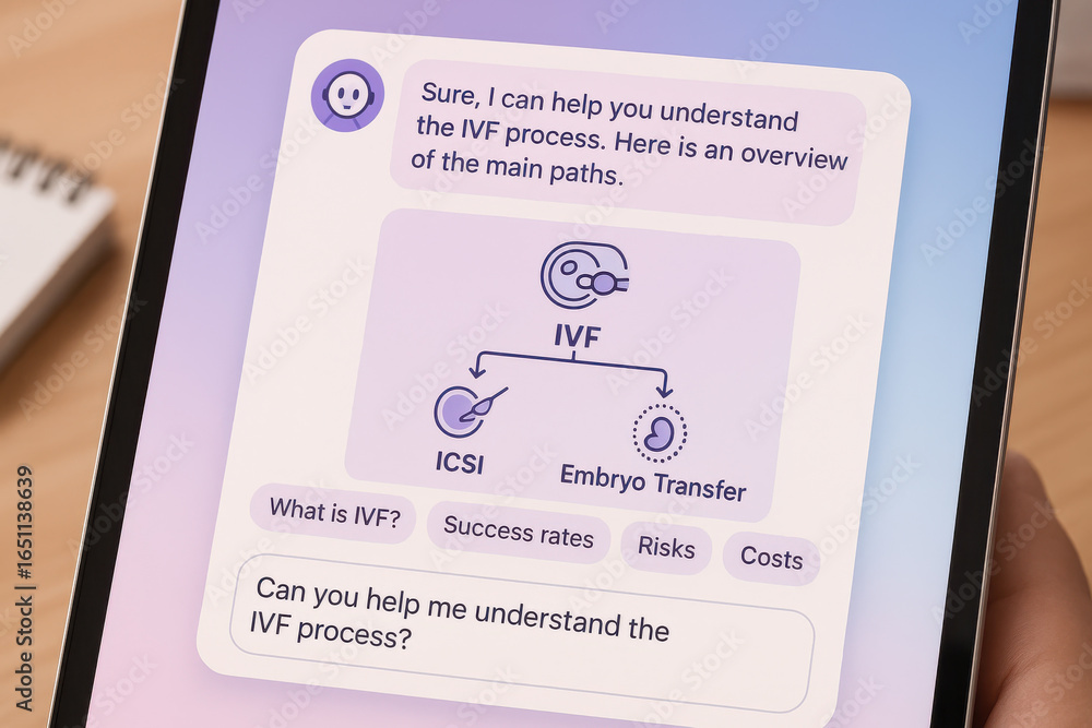 Poster ivf process overview tablet screen showing icsi and embryo transfer options with helpful chatbot
