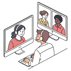 Diverse group of people participating in a video conference call collaborating remotely on a project using technology and headsets