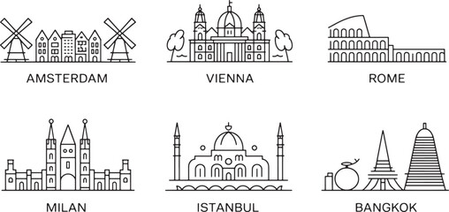 World City Skyline Outlines Amsterdam Vienna Rome Milan Istanbul Bangkok Collection