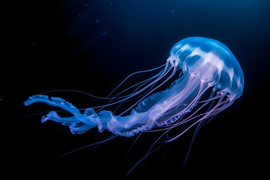 Bioluminescent jellyfish glowing with ethereal blue and purple light in dark ocean depths