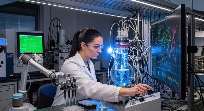 Female scientist in a modern laboratory operating a bioreactor and analyzing molecular data on a large screen.