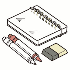A simple isometric illustration of a spiral bound notebook with two markers and an eraser on a white background