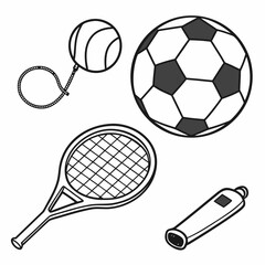 Collection of sports equipment including a soccer ball tennis racket yo yo and whistle isolated on a white background