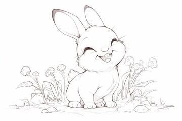 Basic outline of a smiling rabbit standing in a grassy area with carrots and a simple background, perfect for kids to color with clear and uncomplicated lines.