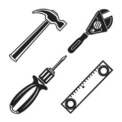 A collection of essential hand tools including a hammer adjustable wrench screwdriver and ruler are depicted in a clean graphic illustration against a white background