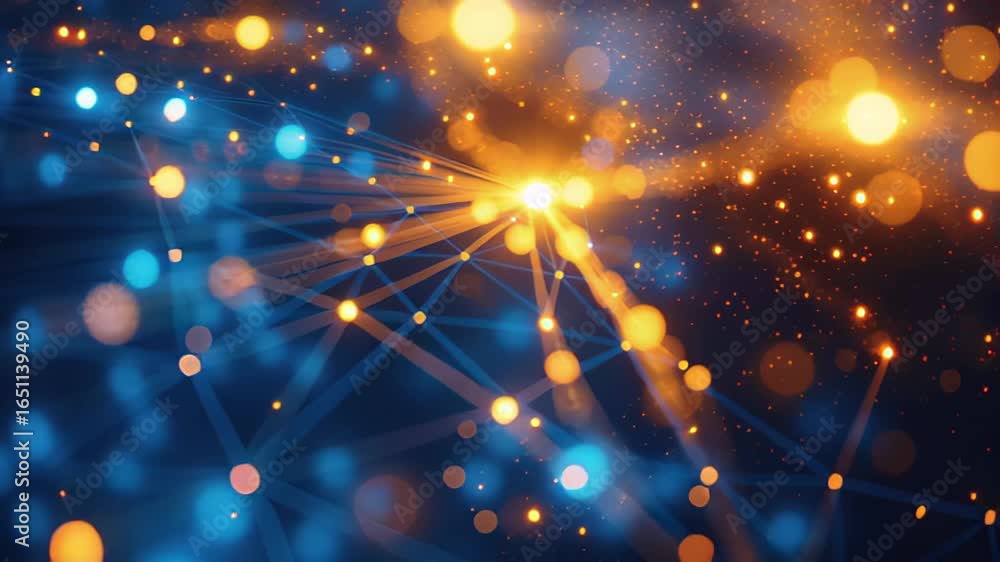 Poster visual representation of interconnected data points with vibrant blue and orange lights highlighting