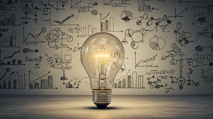 Light bulb illuminates hand drawn graphs and equations on concrete wall idea concept - Powered by Adobe