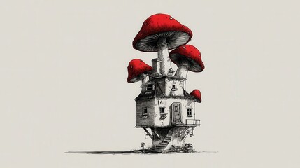 Naklejka premium A whimsical house supported by red mushrooms.