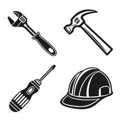 A collection of essential construction and repair tools including a wrench hammer screwdriver and a hard hat presented in a clean graphic style