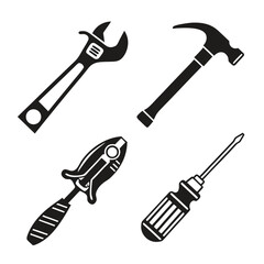 A collection of four black and white silhouette icons representing common hand tools including a wrench a hammer pliers and a screwdriver