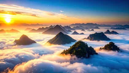 Sunrise over misty mountain range.