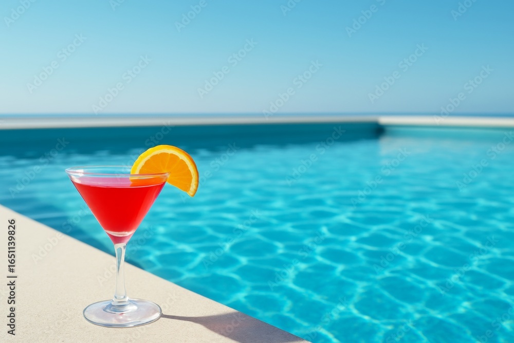 Poster refreshing red cocktail with orange slice on poolside edge under clear sky, tropical vacation concep