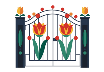 Ornate wrought iron garden gate adorned with vibrant red tulip motifs and decorative scrollwork transparent background