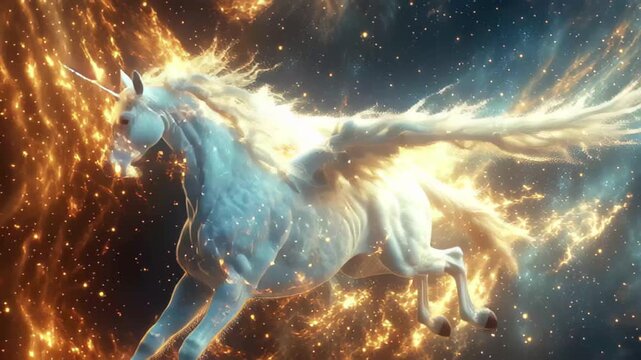 Majestic winged unicorn soaring through a colorful cosmic landscape with stars and swirling clouds