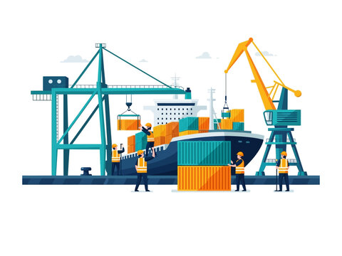 Shipping at Port: A dynamic illustration of a bustling port scene, with cranes, workers, and a massive cargo ship actively engaged in the process of loading and unloading shipping containers.