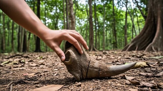 A forest ranger discovers a rhino horn on the ground, symbolizing wildlife protection, anti-poaching, conservation, and educational awareness.