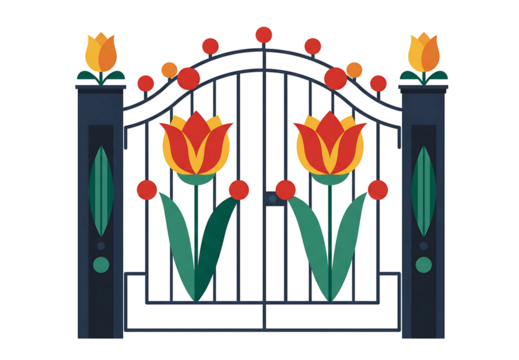 Ornate wrought iron garden gate adorned with vibrant red tulip motifs and decorative scrollwork transparent background