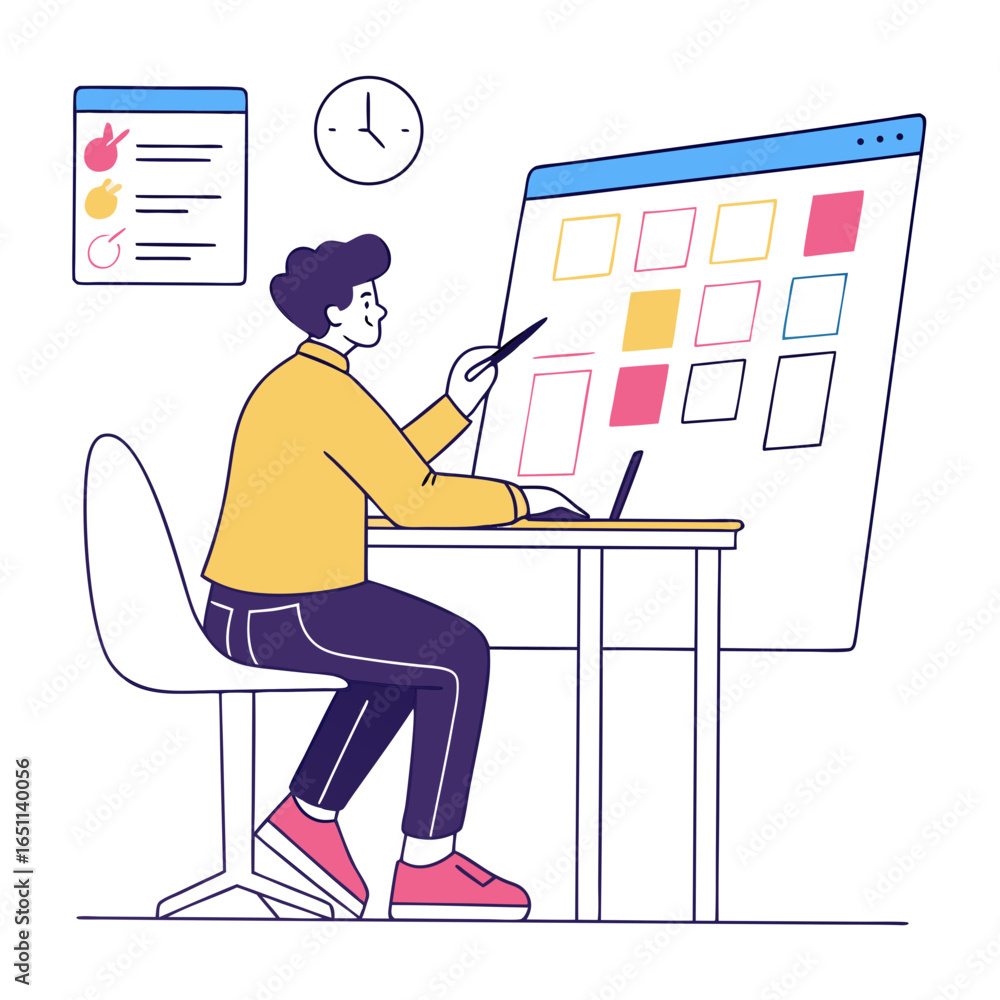 Wall mural focused young man sitting at a desk using a laptop and pointing at a large digital display with colo