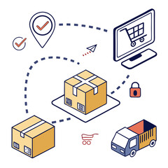 Conceptual illustration of an e commerce logistics and delivery process showing packages a delivery truck a computer with a shopping cart icon a location pin and a padlock for security