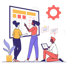 Diverse team collaborating on a project plan using a whiteboard and tablet illustrating teamwork and strategy development