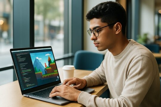 Focused young man coding a colorful 2D platformer video game on laptop in modern cafe with natural light and blurred city background visible through windows. Ai generative
