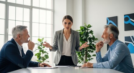 Frustrated businesswoman explaining a point to two senior male colleagues in a modern office meeting.