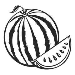 A bold black and white illustration of a whole watermelon with a slice showing seeds and a stem with a leaf