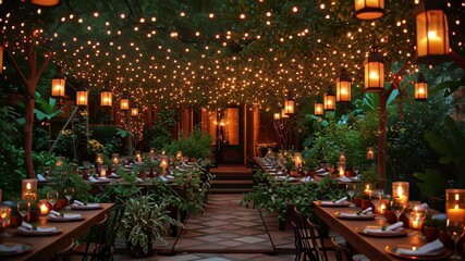 Beautiful outdoor dining setup with string lights and lanterns during an evening gathering