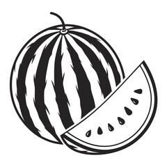 Bold black and white illustration of a whole watermelon with a slice showing seeds and rind perfect for summer themes