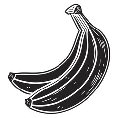 A stylized black and white illustration of two ripe bananas with a hand drawn aesthetic and visible texture lines on a white background