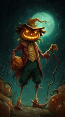Fototapeta premium Pumpkin scarecrow stands among pumpkins at night