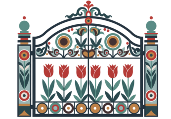 Ornate wrought iron garden gate adorned with vibrant red tulip motifs and decorative scrollwork transparent background
