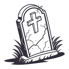 A cracked tombstone with a cross, a symbol of death and christian faith, isolated on white background
