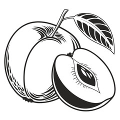 A stylized black and white illustration of a ripe plum with a leaf and a halved plum revealing its pit and juicy flesh