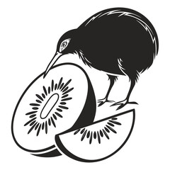 Stylized black and white illustration of a kiwi bird standing next to a sliced kiwi fruit and a kiwi slice