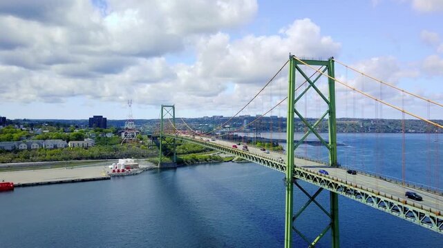 Aerial view of the angus l macdonald bridge in halifax, nova scotia on a sunny day