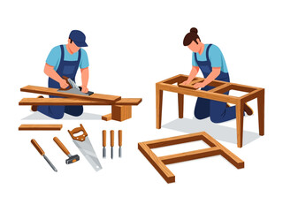Crafting Dream: Two skilled artisans bring a wooden frame to life, carefully shaping and assembling it with precision, using essential tools, capturing the essence of creation and craftsmanship.