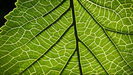 Obraz premium Macro shot of a leaf with visible veins, backlit by sunlight