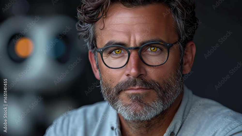 Aufkleber man with glasses and a gray beard poses confidently in front of a robot in a modern setting