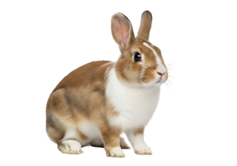 Adorable brown and white rabbit with alert ears sitting on black background capturing cuteness and