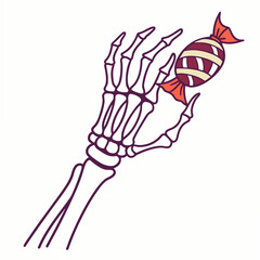 A skeleton hand holding a wrapped candy isolated on white background, perfect for halloween designs and spooky autumn themes, with a vintage and retro style