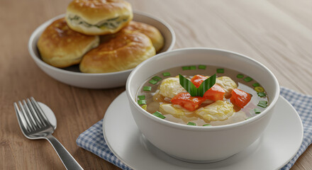 A warm bowl of clear soup with dumplings, tomatoes, and peas, served with a side of fresh baked buns on a wooden table.