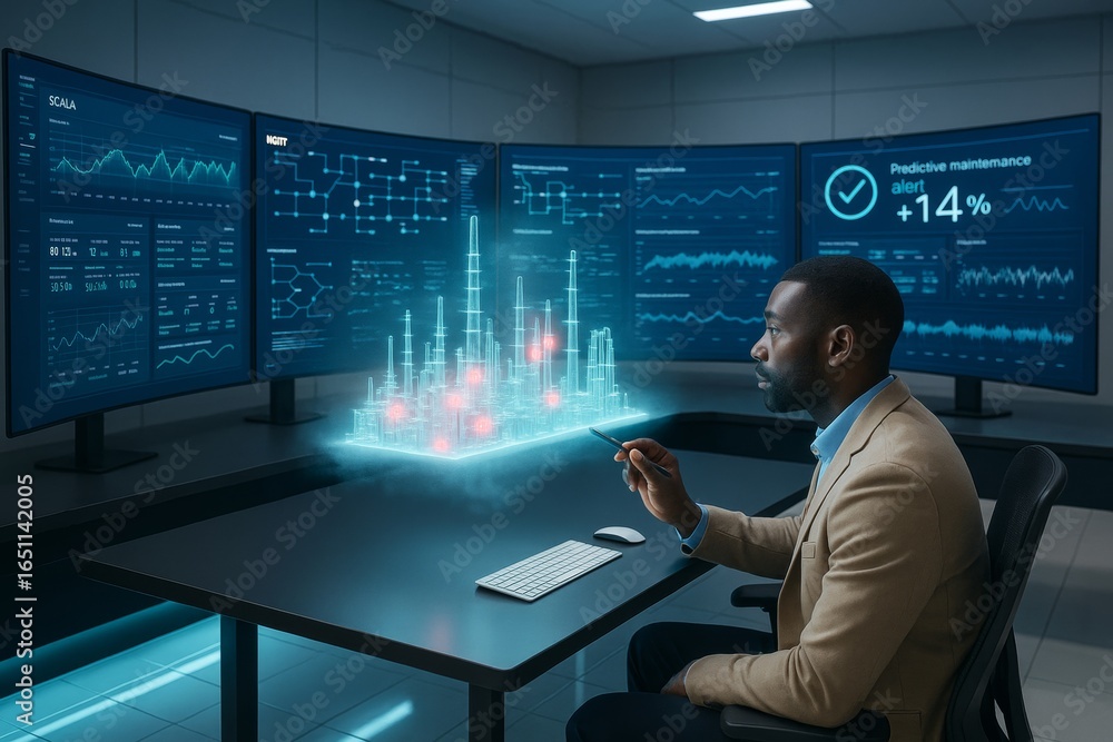 Aufkleber engineer analyzing futuristic holographic factory with predictive analytics on screens in high-tech 