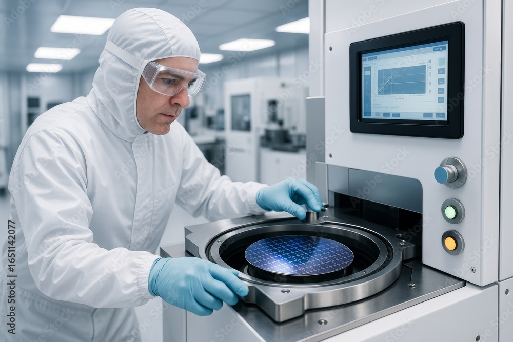 Poster scientist in cleanroom operating semiconductor wafer processing machine with futuristic touch screen