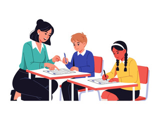 Classroom Guidance: Teacher assists students during a test in a vibrant classroom setting. A captivating illustration.