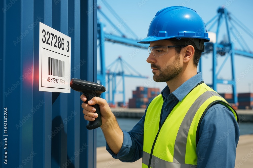 Poster worker scanning barcode on shipping container with handheld scanner at port terminal during daytime,