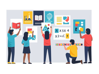 Creative Collaboration: A diverse group of individuals collaborates to curate and arrange various educational posters on a visual board, creating an engaging and colorful learning environment.
