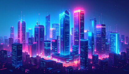 Fototapeta premium Futuristic city skyline at night, vibrant neon lights