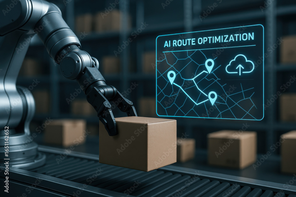 Aufkleber ai route optimization with robotic arm handling cardboard box in warehouse environment